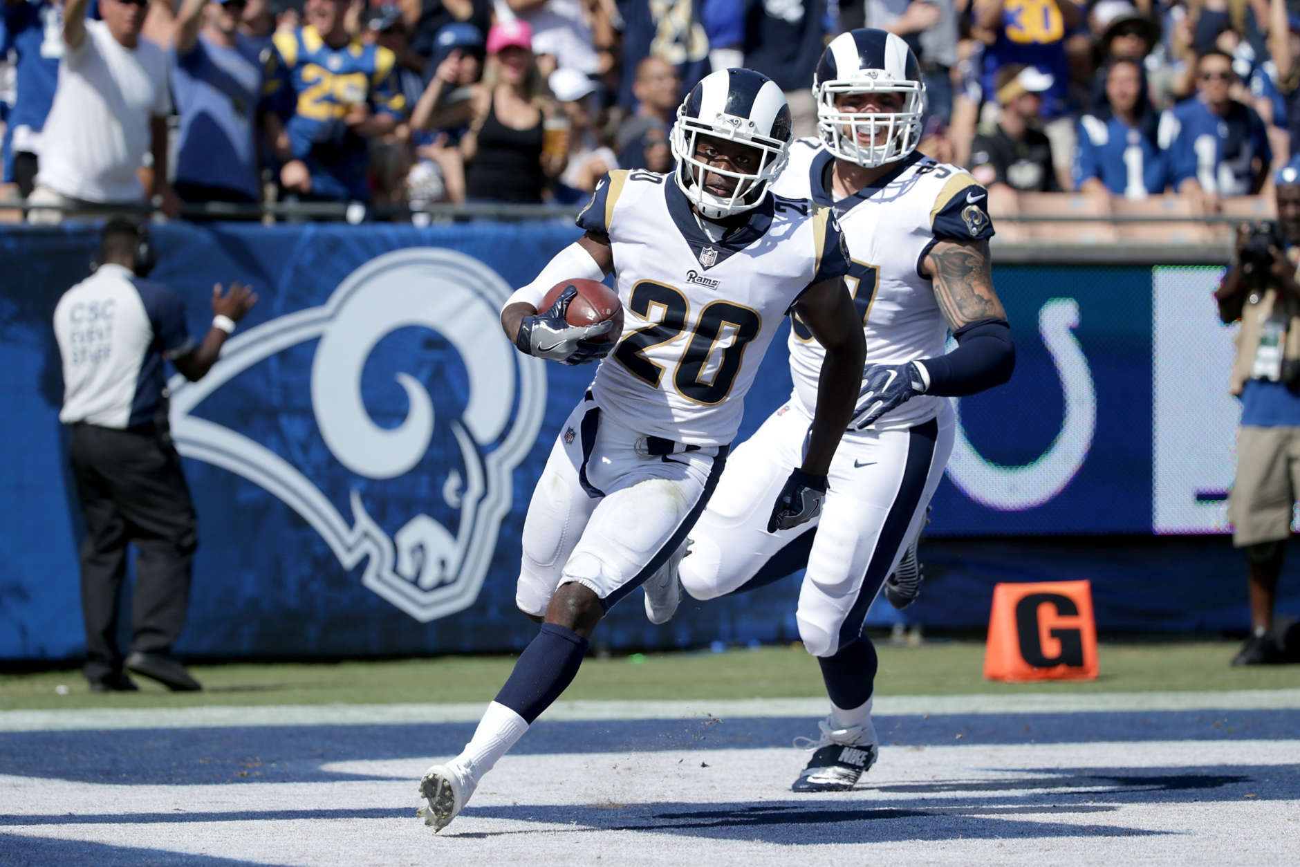 LOS ANGELES, CA - SEPTEMBER 10:  Lamarcus Joyner #20 of the Los Angeles Rams returns an interception during the third quarter in the game against the Indianapolis Colts at the Los Angeles Memorial Coliseum on September 10, 2017 in Los Angeles, California.  (Photo by Jeff Gross/Getty Images)