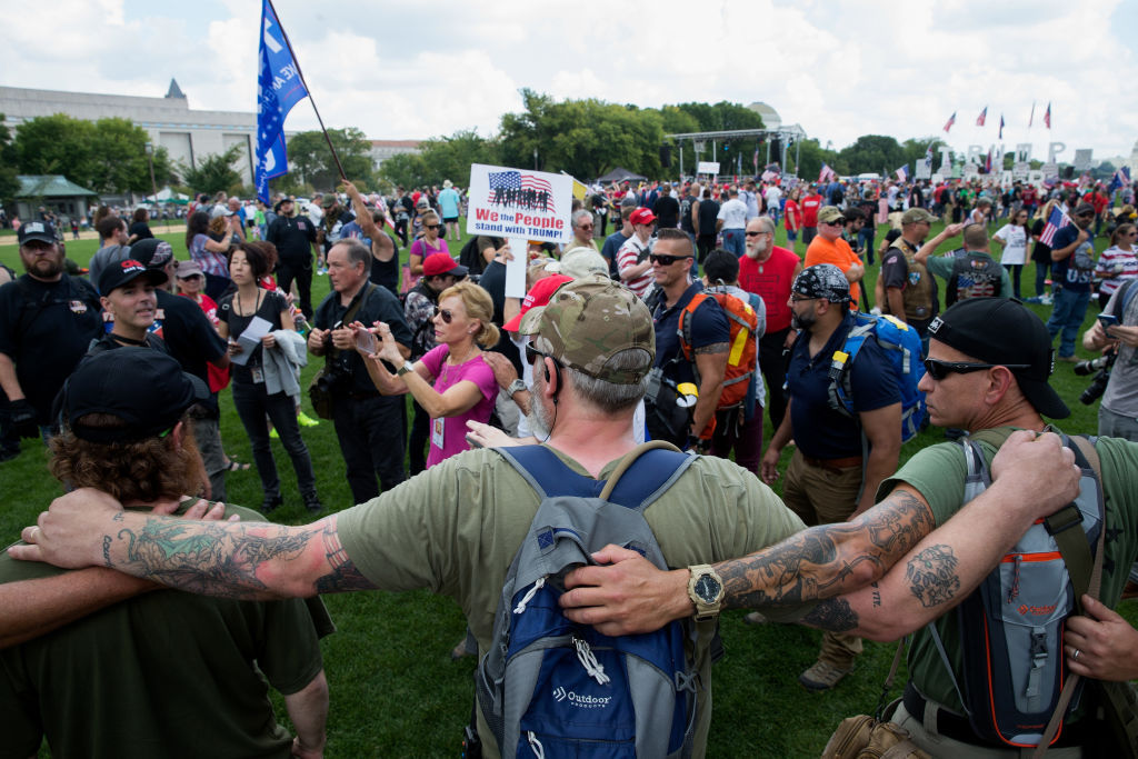 WASHINGTON, DC - SEPTEMBER 16: Pro-Trump security forces try to keep people away on the National mall on September 16, 2017 in Washington, DC.   Organizers are calling the rally in support of President Donald Trump  "The Mother of All Rallies",  President Trump is in New Jersey ahead of attending the U.N. General Assembly next week.  (Photo by Tasos Katopodis/Getty Images)