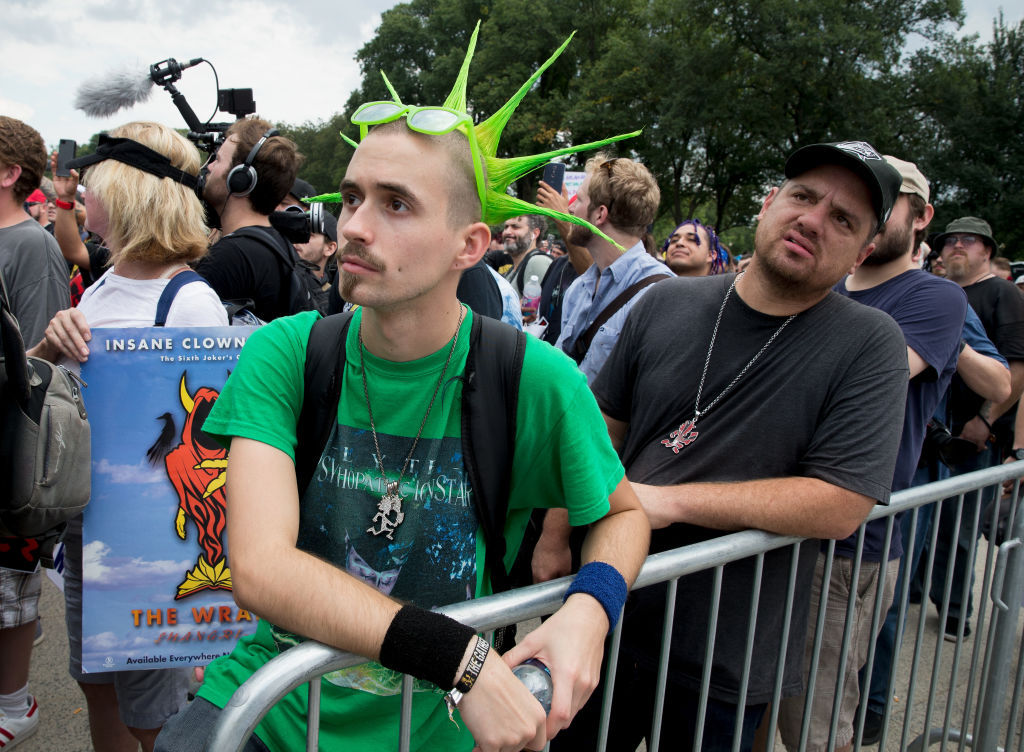 WASHINGTON, DC - SEPTEMBER 16:  People gather for a rally during the Juggalo March at the Lincoln Memorial on the National Mall, September 16, 2017 in Washington, DC. Fans of the band Insane Clown Posse, known as Juggalos, are protesting their identification as a gang by the FBI in a 2011 National Gang Threat Assessment.   (Photo by Tasos Katopodis/Getty Images)