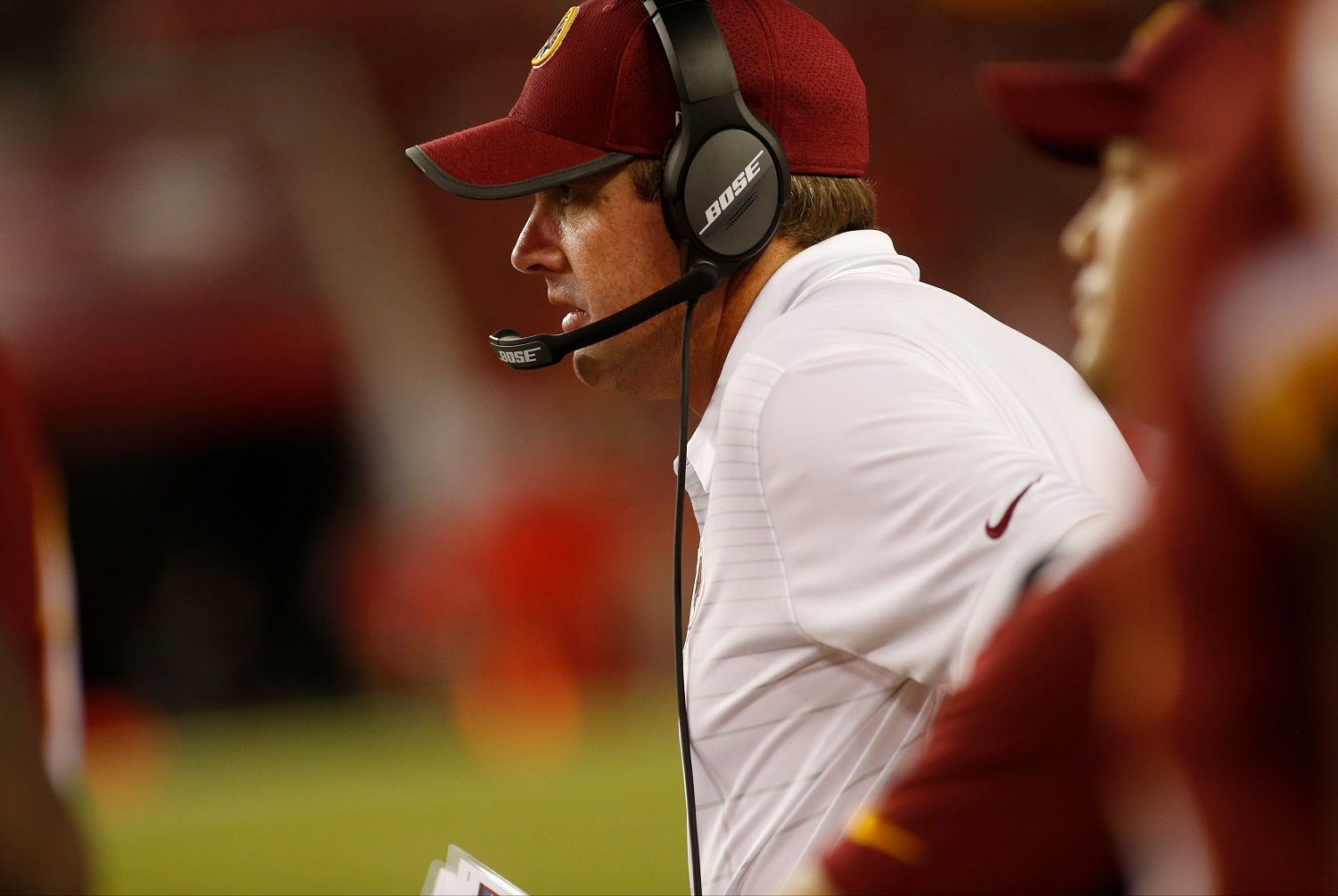 TAMPA, FL - AUGUST 31:  Head coach Jay Gruden of the Washington Redskins looks on from the sidelines during the second quarter of an NFL preseason football game against the Tampa Bay Buccaneers on August 31, 2017 at Raymond James Stadium in Tampa, Florida. (Photo by Brian Blanco/Getty Images)