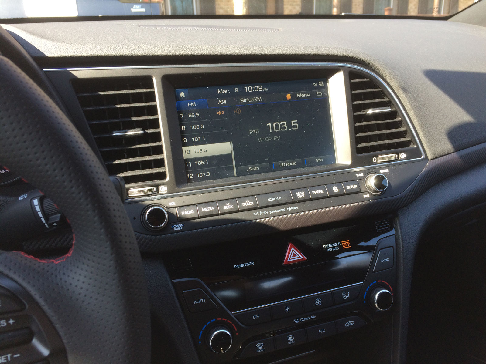The Elantra Sports has a starting price under $23,000, but if you want to add things like NAV with 8-inch touchscreen and an Infinity Premium audio system, the price will still be around $25,000, about where other hot compacts start before any options. (WTOP/Mike Parris)