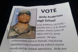 Fallen Army Cpl. Andy Anderson's name is one of the 70 names on the ballot. (WTOP/Kathy Stewart) 