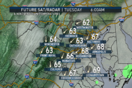 Also from the RPM computer model, we can see the increasing cloud cover as we go through midweek. The model does produce a few light scattered showers and drizzle Tuesday afternoon and evening, right on the fringe of Maria’s circulation. The breeze may pick up a bit, too, Tuesday night into Wednesday. Heavier rains and winds are unlikely to make it farther northwest than the Outer Banks or Hampton Roads. Note the clouds and the easterly winds keeping temperatures from being as close to 90 as we were over the weekend. (Data: The Weather Company. Graphics: Storm Team 4)
