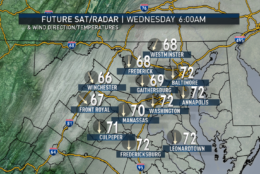 Also from the RPM computer model, we can see the increasing cloud cover as we go through midweek. The model does produce a few light scattered showers and drizzle Tuesday afternoon and evening, right on the fringe of Maria’s circulation. The breeze may pick up a bit, too, Tuesday night into Wednesday. Heavier rains and winds are unlikely to make it farther northwest than the Outer Banks or Hampton Roads. Note the clouds and the easterly winds keeping temperatures from being as close to 90 as we were over the weekend. (Data: The Weather Company. Graphics: Storm Team 4)