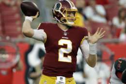 Washington Redskins quarterback Nate Sudfeld throws a pass against the Tampa Bay Buccaneers during the first quarter of an NFL preseason football game Thursday, Aug. 31, 2017, in Tampa, Fla. (AP Photo/Chris O'Meara)