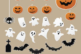 Happy halloween set of characters in cartoon sticker style with pumpkin, spider, ghost, bat and candy on paper background. Vector illustration.