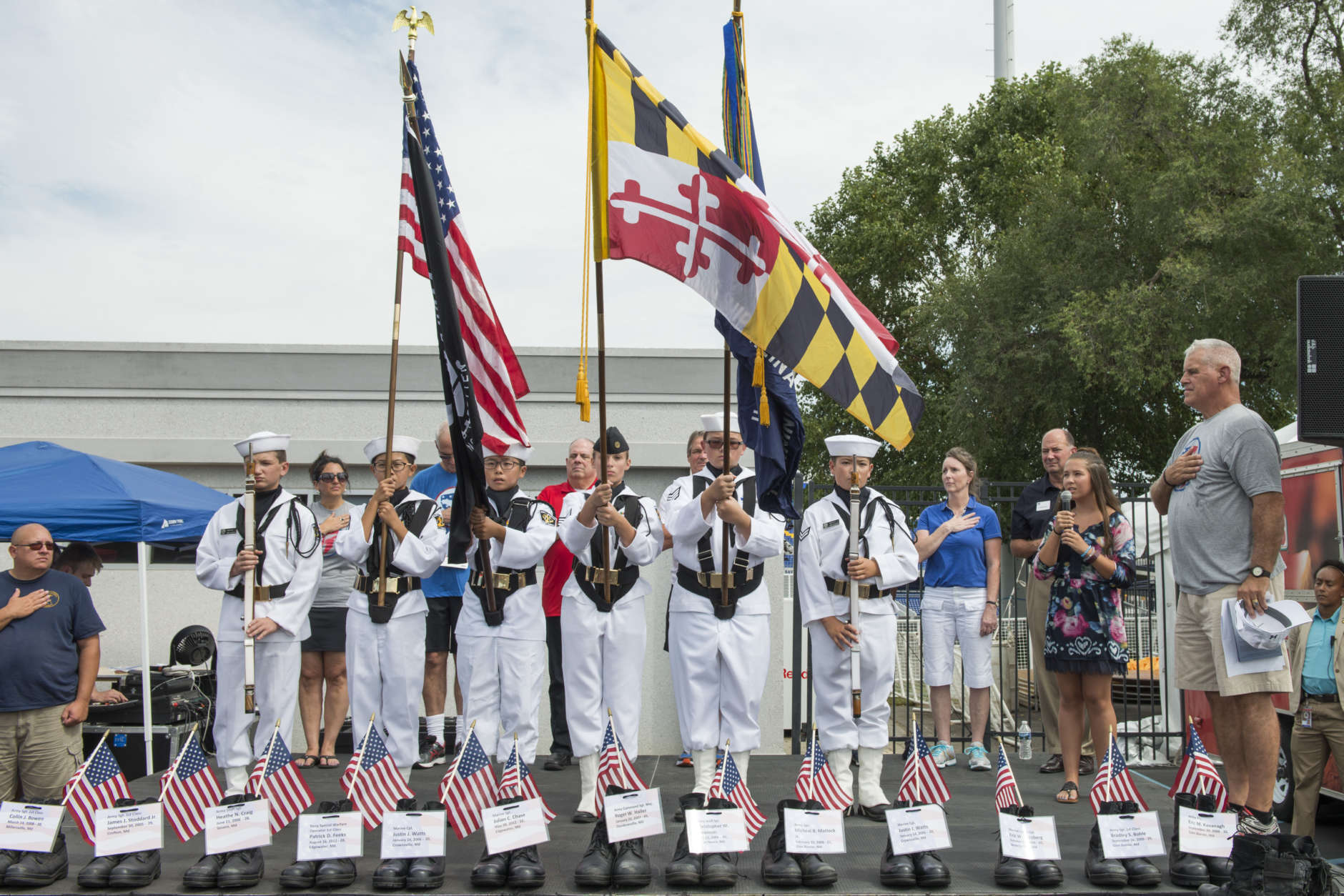 The US NavyLeague Cadet Corps Color Guard presides over the National Anthem during the opening ceremony for the 2016 9/11 Heroes Run in Annapolis. (Courtesy, Harrison Hart)