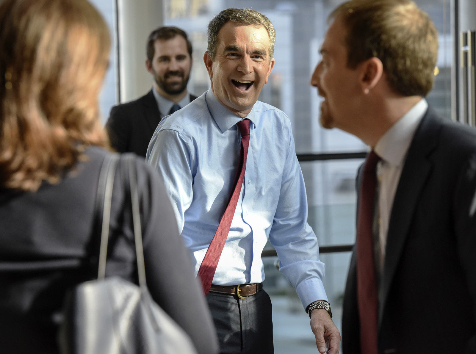 MCLEAN, VA - SEPTEMBER 19:
Lt. Gov. Ralph Northam, center, runs into modertator Chuck Todd, right, during his walk-through before tonight's Gubernatorial debate between himself and Republican candidate Ed Gillespie, on September, 19, 2017 in McLean, VA.
(Pool Photo by Bill O'Leary/The Washington Post)