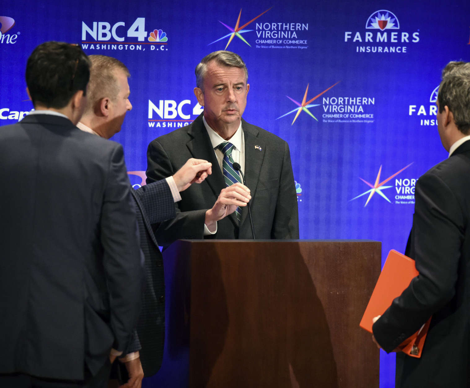MCLEAN, VA - SEPTEMBER 19:
Republican candidate Ed Gillespie, center, during his walk-through for tonight's Gubernatorial debate between himself and Lt. Gov. Ralph Northam, Democrat, on September, 19, 2017 in McLean, VA.
(Pool Photo by Bill O'Leary/The Washington Post)