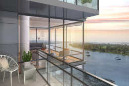 This artists rendering shows the view from a balcony in the VIO condo building, one of two condominiums on site of The Wharf, the mile-long redevelopment of the Southwest Waterfront, set for its grand opening next month. The property also features two apartment buildings providing 900 housing units. An estimated 2,000 people will live in the complex. (Courtesy PN Hoffman)