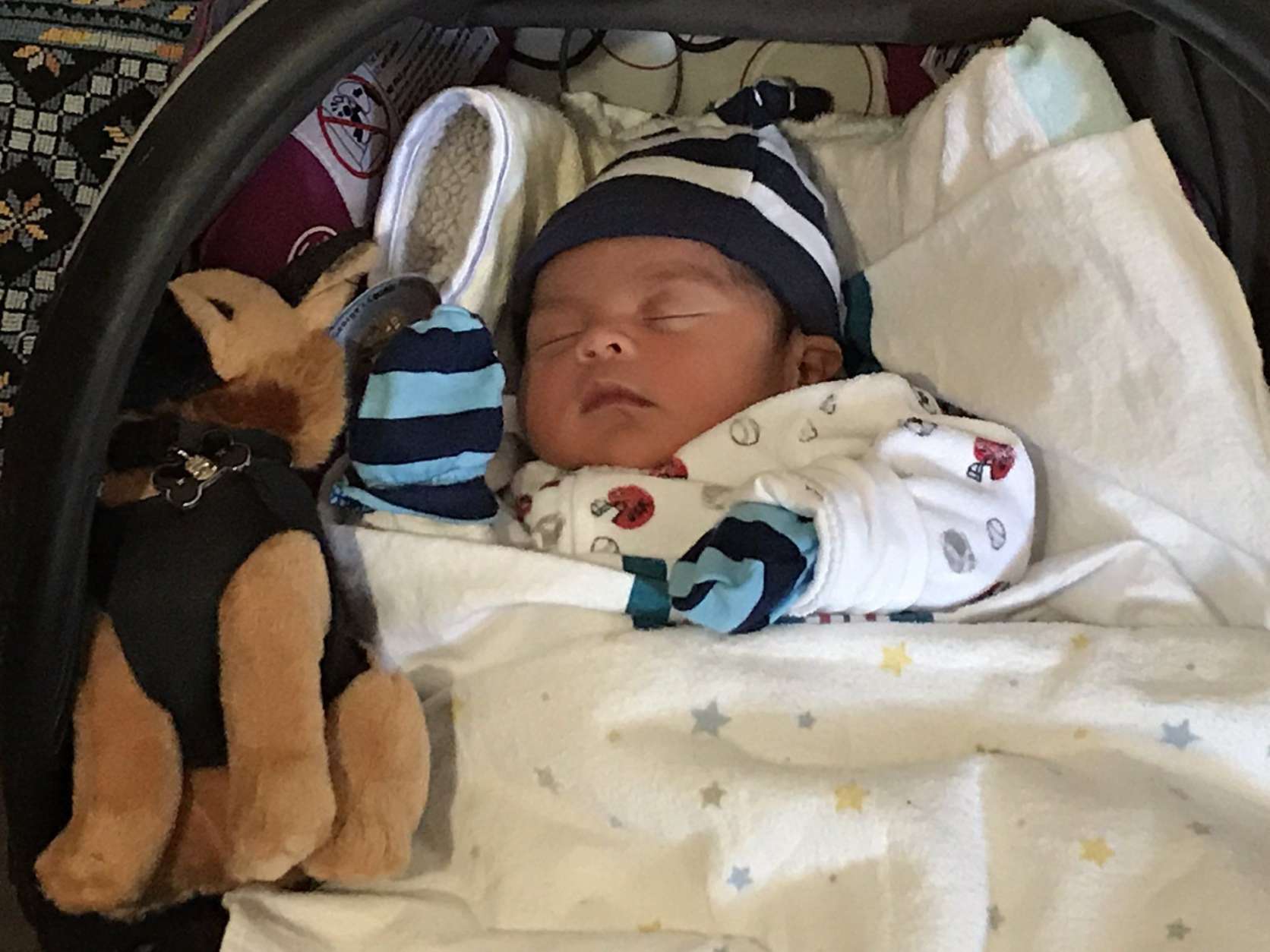 A PGPD officer helped deliver baby Carlos in a minivan along East West Hwy Thurs. That's a stuffed police dog next to the little guy. (WTOP/Michelle Basch)