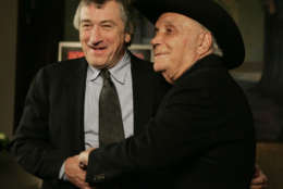 Robert DeNiro, left, and boxer Jake LaMotta stand for photographers before watching a 25th anniversary screening of the movie Thursday, Jan. 27, 2005 in New York. An anniversary collector's edition DVD of the film was also released.  (AP Photo/Julie Jacobson)