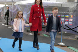 Crown Princess Mary of Denmark arrives with her children, Princess Isabella, left, and Prince Christian, right, for a rehearsal for the second semifinal of the Eurovision Song Contest in the B&amp;W Halls in Copenhagen, Denmark, Thursday, May 8, 2014. (AP Photo/Frank Augstein)