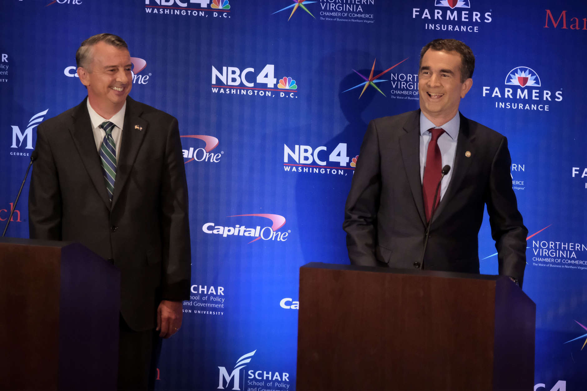 Ed Gillespie and Lt. Gov. Ralph Northam stand together prior to their second debate in McLean, Virginia on Sept. 19, 2017. (Pool Photo by Bonnie Jo Mount/The Washington Post)