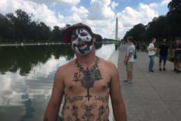 <p>Fans of a the band Insane Clown Posse gather at Lincoln Memorial Sept. 16, 2017, for rally and march against the FBI's classification of them as a gang. (WTOP/Mike Murillo)</p>