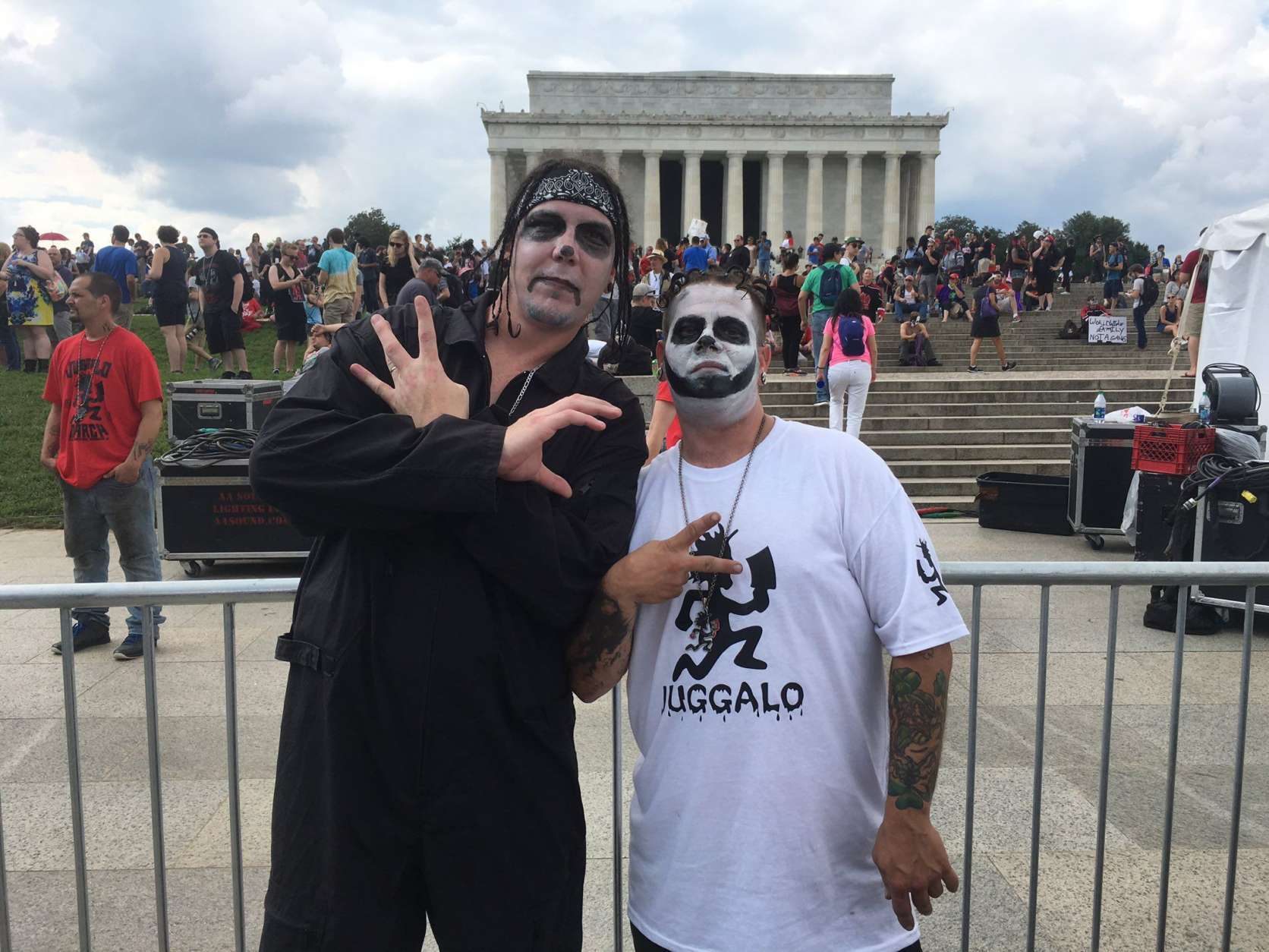 <p>Juggalos Tom and Hercules at a Sept. 16, 2017 rally say just because they like a band doesn't make them "gangbangers." (WTOP/Mike Murillo)</p>