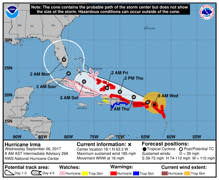 Here is the latest track of Hurricane Irma, as of 8 a.m. Wednesday, Sept. 6, 2017. (Courtesy National Hurricane Center)