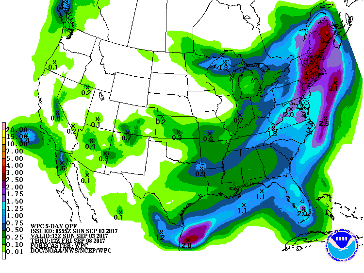 As mentioned, the rain this week could be soaking. Projections from the National Weather Service are in line with most computer models bringing our area an inch of rainfall if not a little more. This graphic is valid from 8 a.m. Monday through 8 a.m. Friday. Our amounts would occur Wednesday and Thursday. (Weather Prediction Center, NOAA)