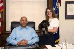 Rep. Hakeem Jeffries, D-N.Y., with his legislative counselor Zoe and her dog Millie. Millie is 10 months old and has been with Zoe for five months. (Courtesy Humane Rescue Alliance)