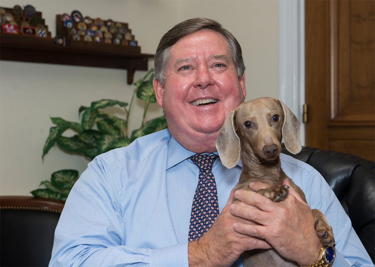Rep. Ken Calvert (R-Calif.) with his 9-year-old Dachshund Cali. She’s named after her home state and is friends with the other dogs on that come into the nearby offices, including Archie the Westie! (Courtesy Humane Rescue Alliance)