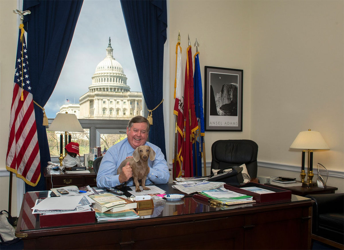 Rep. Ken Calvert (R-Calif.) with his 9-year-old Dachshund Cali in his Capitol Hill office. (Courtesy Humane Rescue Alliance)