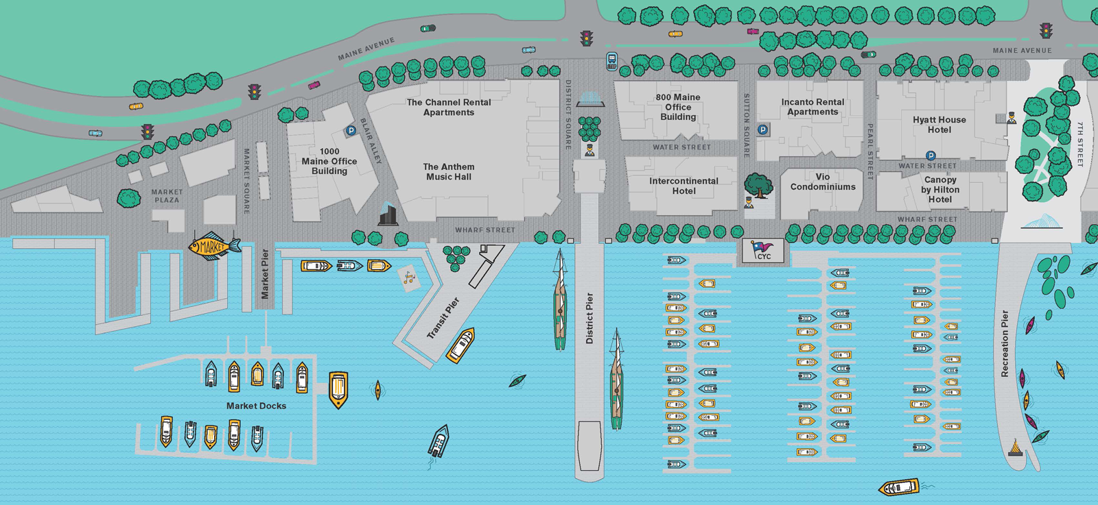 A map of the initial phase of The Warf, the redevelopment of a mile of the Southwest Waterfront is planning a grand opening in mid October. (Courtesy PN Hoffman)