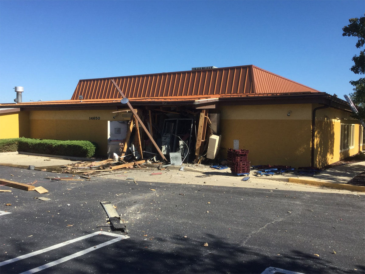 An explosion at a Laurel, Maryland, Olive Garden blew out the back wall of the restaurant and scattered debris. Two employees suffered minor injuries. About 70 customers were inside the restaurant at the time of the blast. (Courtesy Laurel PIO)