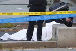 A paramedic looks at a body covered under a white sheet along the bike path Tuesday Oct. 31, 2017, in New York. A motorist drove onto a busy bicycle path near the World Trade Center memorial and struck several people Tuesday, police and witnesses said. (AP Photo/Bebeto Matthews)