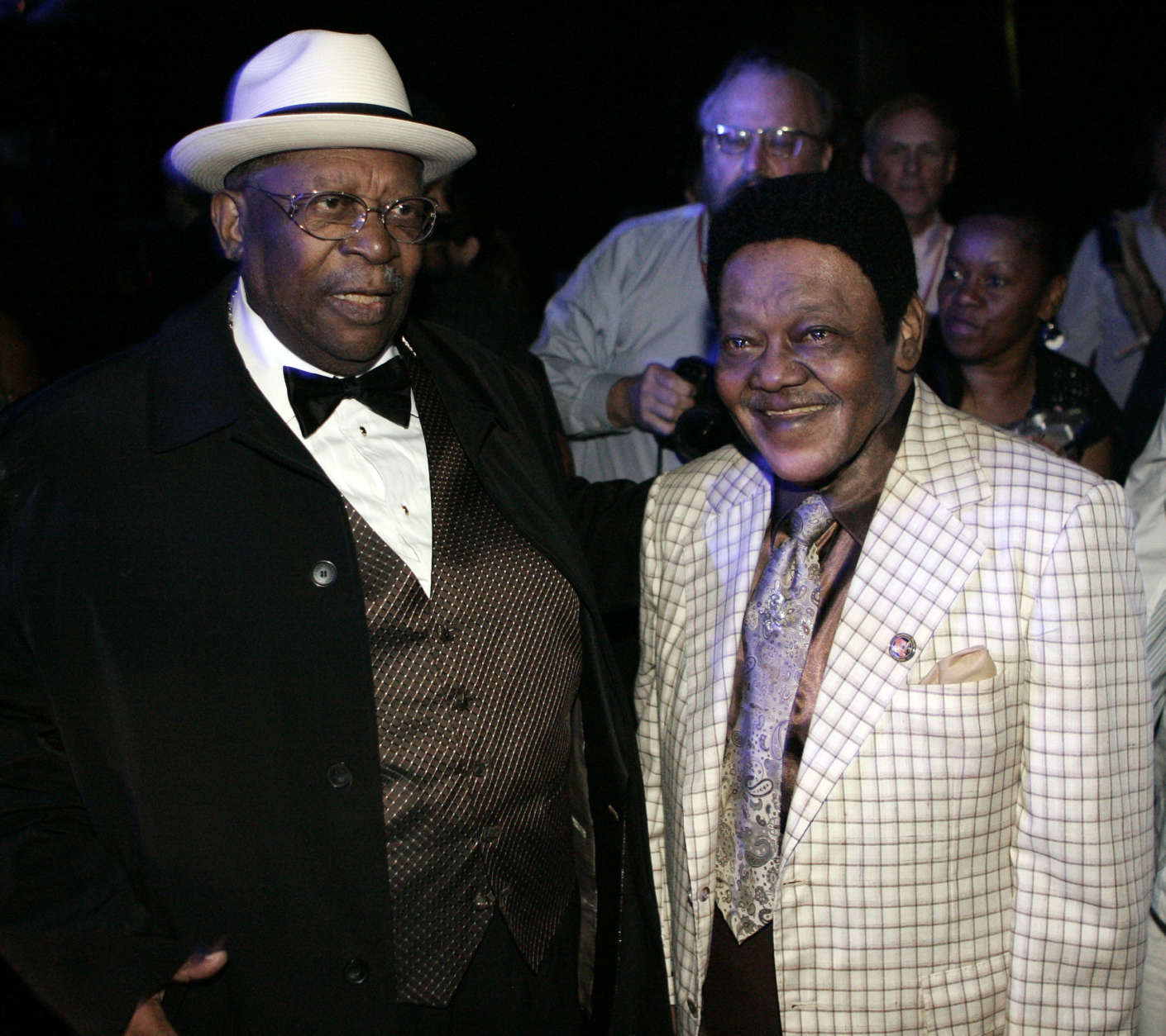 B.B. King visits with Fats Domino after King's performance at The Domino Effect, a tribute concert for Domino, at the New Orleans Arena in New Orleans, Saturday, May 30, 2009. A portion of the proceeds from the concert will go to New Orleans Saints quarterback Drew Brees' charitable foundation, the Brees Dream Foundation, which aims to improve local playgrounds and recreation sites in New Orleans. (AP Photo/Patrick Semansky)