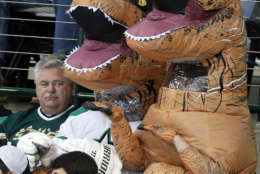 A Dallas Stars fan, left, watches two fans dressed in dinosaur costumes cheer during the third period of the Stars' NHL hockey game against the Washington Capitals on Saturday, Jan. 21, 2017, in Dallas. (AP Photo/Tony Gutierrez)
