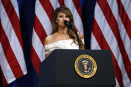 First lady Melania Trump speaks at The Salute To Our Armed Services Inaugural Ball in Washington, Friday, Jan. 20, 2017. (AP Photo/Alex Brandon)