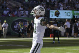 New York Jets' Robby Anderson reacts after a reception during the second half of an NFL football game against the Jacksonville Jaguars, Sunday, Oct. 1, 2017, in East Rutherford, N.J. (AP Photo/Bill Kostroun)