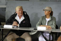 President Donald Trump talks about recovery efforts after arriving with first lady Melania Trump at Luis Muniz Air National Guard Base to survey hurricane damage, Tuesday, Oct. 3, 2017, in San Juan, Puerto Rico. (AP Photo/Evan Vucci)