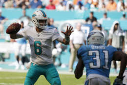 Miami Dolphins quarterback Jay Cutler (6) looks to pass under pressure from Tennessee Titans free safety Kevin Byard (31), during the second half of an NFL football game, Sunday, Oct. 8, 2017, in Miami Gardens, Fla. (AP Photo/Wilfredo Lee)