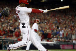Washington Nationals' Michael A. Taylor (3) bats during Game 5 of baseball's National League Division Series against the Chicago Cubs, at Nationals Park, Thursday, Oct. 12, 2017, in Washington.. (AP Photo/Alex Brandon)