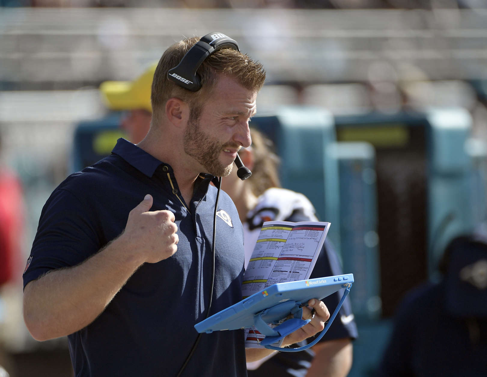 Los Angeles Rams head coach Sean McVay washes his team play against the Jacksonville Jaguars during the first half of an NFL football game, Sunday, Oct. 15, 2017, in Jacksonville, Fla. (AP Photo/Phelan M. Ebenhack)