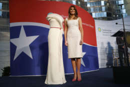 First lady Melania Trump donates her inaugural gown, designed by Hervé Pierre, to the First Ladies' Collection at the Smithsonian's National Museum of American History, during a ceremony in Washington, Friday, Oct. 20, 2017. (AP Photo/Pablo Martinez Monsivais)