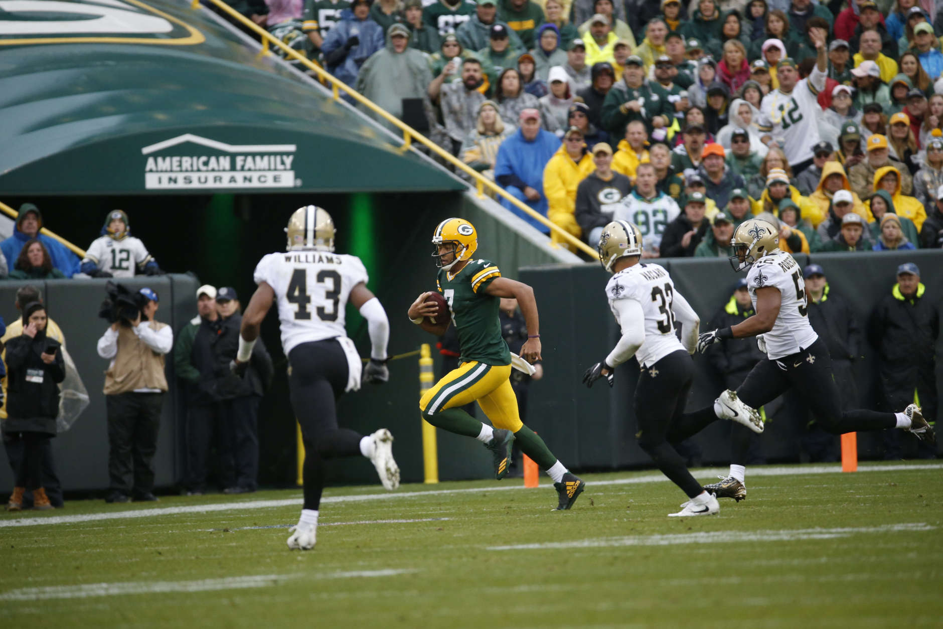 Green Bay Packers quarterback Brett Hundley (7) during the second half of an NFL football game against the New Orleans Saints, Sunday, Oct. 22, 2017, in Green Bay, Wis. (AP Photo/Mike Roemer)