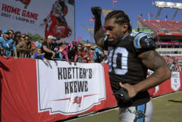 Carolina Panthers defensive end Julius Peppers celebrates after the team defeated the Tampa Bay Buccaneers 17-3 during an NFL football game Sunday, Oct. 29, 2017, in Tampa, Fla. (AP Photo/Phelan M. Ebenhack)