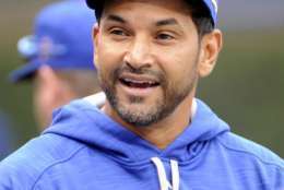 Chicago Cubs bench coach Dave Martinez during a workout in preparation for Game 1 of baseball's NL Championship Series in Chicago, Thursday, Oct. 15, 2015. (AP Photo/David Banks)