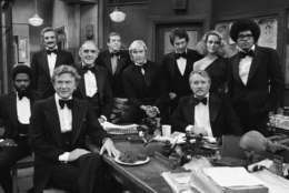 Television star's from ABC's law enforcement theme shows gather on the set, Jan. 4, 1978 for the taping of ABC's Silver Anniversary Celebration in Los Angeles, Calif. The actors  from left to right: George Stanford Brown, "The Rookies"; Hal Linden, "Barney Miller"; Steve Forrest, "Swat" Abe Vigoda, "Fish"; Paul Burke, "Naked City"; Dennis Cole, "Felony Squad"; Michael Cole, Peggy Lipton, Clarence Williams III, "Mod Squad" and Howard Duff, "Felony Squad." (AP Photo/Wally Fong)