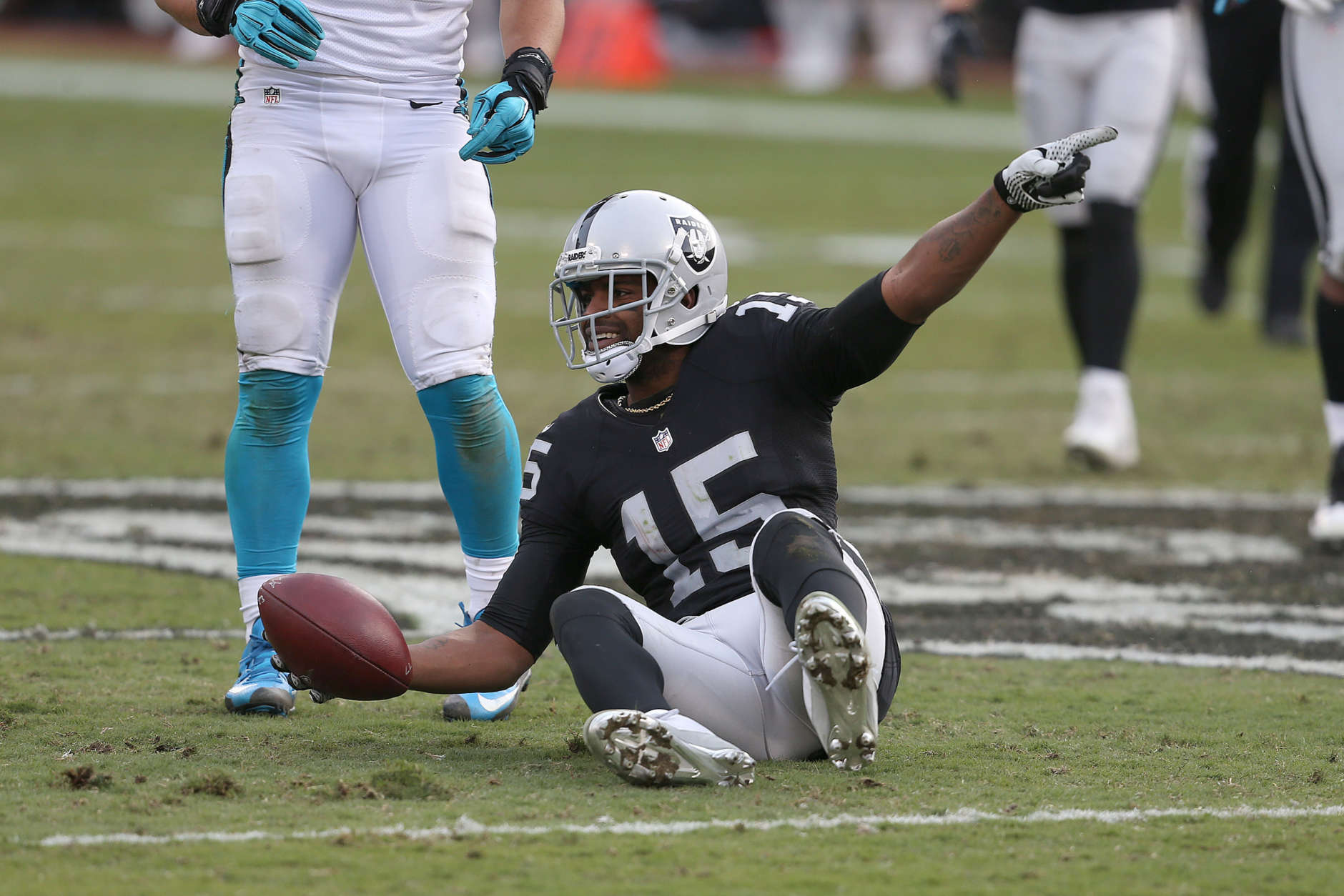 Oakland Raiders wide receiver Michael Crabtree signals a first down during action against the Carolina Panthers during an NFL football game Sunday, Nov. 27, 2016, in Oakland, CA. The Raiders won 35-32. (Daniel Gluskoter/AP Images for Panini)