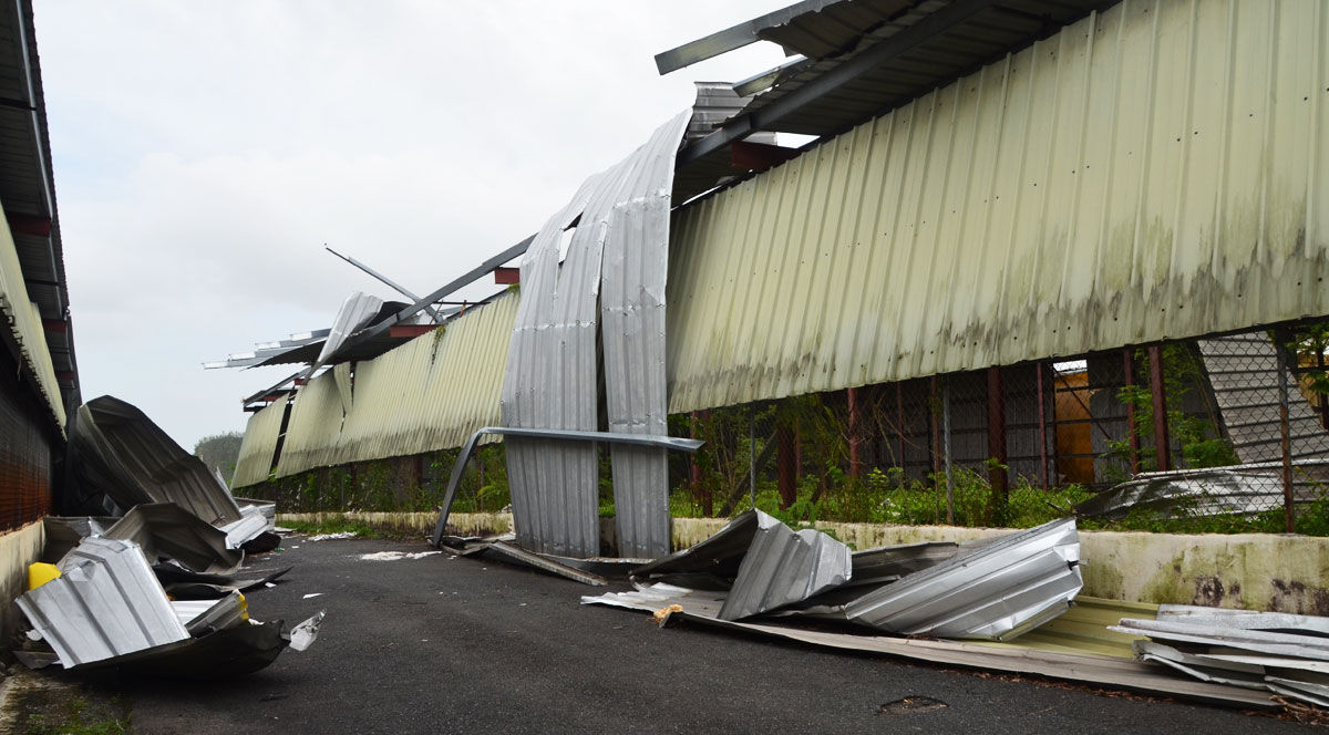 The destruction is apparent at this warehouse in Bayamón, about 12 miles south of San Juan, Puerto Rico. 
 (Photo courtesy of NAB's Suzanne Raven, @broadlyserving)