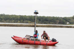 Terrain 360 founder Ryan Abrahamsen takes a reporter on his mapping boat, Tuesday Sept. 26, 2017, in Upper Marlboro, Maryland. Abrahamsen is mapping the Patuxent River in partnership with the Chesapeake Conservancy to create virtual river tours. (Alex Mann/Capital News Service) 