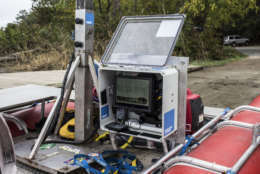 Ryan Abrahamsen designed a computer that coordinates GPS and synchronizes six Canon cameras to shoot 360 photos every 40 feet on the water. Terrain 360 was mapping the Patuxent River, launching from Upper Marlboro, Maryland, in partnership with the Chesapeake Conservancy, to create virtual river tours Tuesday Sept. 26, 2017. (Alex Mann/Capital News Service) 