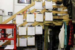 Ted meticulously records every change he makes to each of his 12 cars on these designated clipboards, which he described on Tuesday, Sept. 21, 2017, in Crownsville, Maryland. (Jess Feldman/Capital News Service)