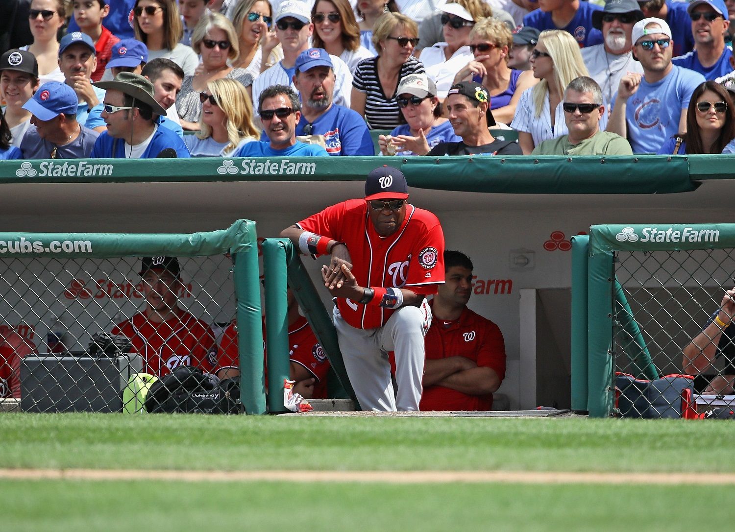 CHICAGO, IL - AUGUST 05:  Manager Dusty Baker #12 of the Washington Nationals watches as his team takes on the Chicago Cubs at Wrigley Field on August 5, 2017 in Chicago, Illinois.  (Photo by Jonathan Daniel/Getty Images)
