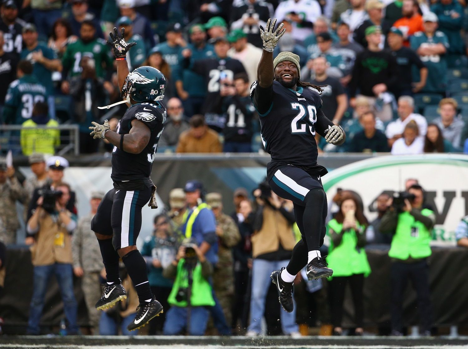 PHILADELPHIA, PA - NOVEMBER 05:  Running back Corey Clement #30 of the Philadelphia Eagles celebrates his touchdown with teammate running back LeGarrette Blount #29 during the fourth quarter against the Denver Broncos at Lincoln Financial Field on November 5, 2017 in Philadelphia, Pennsylvania. The Philadelphia Eagles won 51-23.  (Photo by Mitchell Leff/Getty Images)
