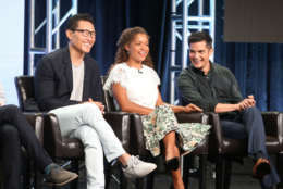 BEVERLY HILLS, CA - AUGUST 06:  (L-R) Executive producer Daniel Dae Kim, actors Antonia Thomas and Nicholas Gonzalez of "The Good Doctor" speak onstage during the Disney/ABC Television Group portion of the 2017 Summer Television Critics Association Press Tour at The Beverly Hilton Hotel on August 6, 2017 in Beverly Hills, California.  (Photo by Frederick M. Brown/Getty Images)
