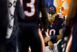 GREEN BAY, WI - SEPTEMBER 28:  Mitchell Trubisky #10 of the Chicago Bears sits on the sideline in the second quarter against the Green Bay Packers at Lambeau Field on September 28, 2017 in Green Bay, Wisconsin. (Photo by Jonathan Daniel/Getty Images)